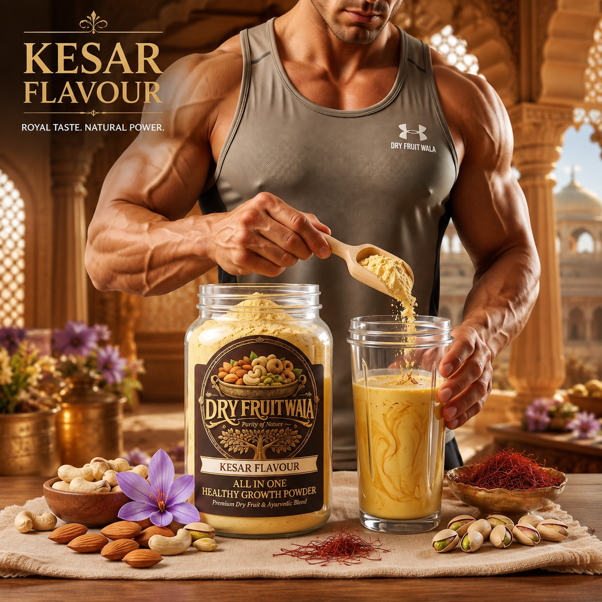 Dry Fruit Wala® All-in-One Healthy Growth Powder Kesar Flavour | Premium Dry Fruit & Ayurvedic Blend for Natural Strength & Energy