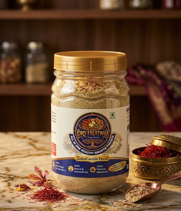 Dry Fruit Wala® All-in-One Healthy Growth Powder Kesar Flavour | Premium Dry Fruit & Ayurvedic Blend for Natural Strength & Energy